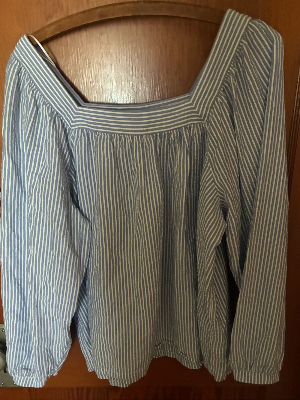 Blue and White Seersucker Square-Neck Top
